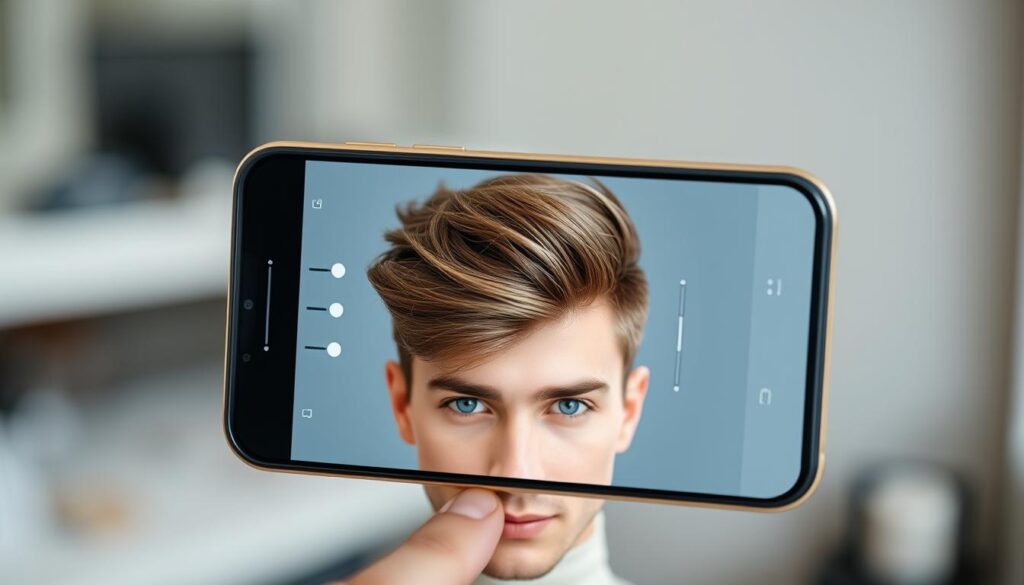 A modern, stylish smartphone screen displaying a realistic 3D simulation of a person's hairstyle. The app interface has a clean, intuitive design with sliders and options to adjust hair length, texture, and color. In the foreground, a close-up view of the person's face, showcasing the simulated haircut from multiple angles with natural lighting and depth of field. The background is blurred, creating a sense of focus on the app's capabilities. The overall scene conveys a sense of excitement and anticipation, inviting the user to experiment with different hairstyles before committing to a real-world cut. A modern, stylish smartphone screen displaying a realistic 3D simulation of a person's hairstyle. The app interface has a clean, intuitive design with sliders and options to adjust hair length, texture, and color. In the foreground, a close-up view of the person's face, showcasing the simulated haircut from multiple angles with natural lighting and depth of field. The background is blurred, creating a sense of focus on the app's capabilities. The overall scene conveys a sense of excitement and anticipation, inviting the user to experiment with different hairstyles before committing to a real-world cut.