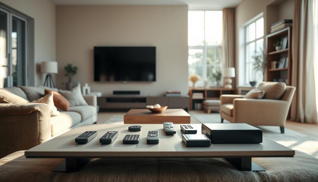 A serene living room scene with a large, flat-screen TV mounted on the wall. The room is filled with natural light from a large window, casting a warm glow across plush, comfortable furniture. In the foreground, a sleek, modern coffee table holds various remote controls and streaming devices, hinting at the array of options for watching Turkish dramas. The middle ground features a cozy sofa and armchair, inviting the viewer to relax and enjoy the show. The background showcases bookshelves and decorative elements that create a cozy, homey atmosphere. The overall tone is one of tranquility and leisure, suggesting a pleasant alternative to traditional television viewing.