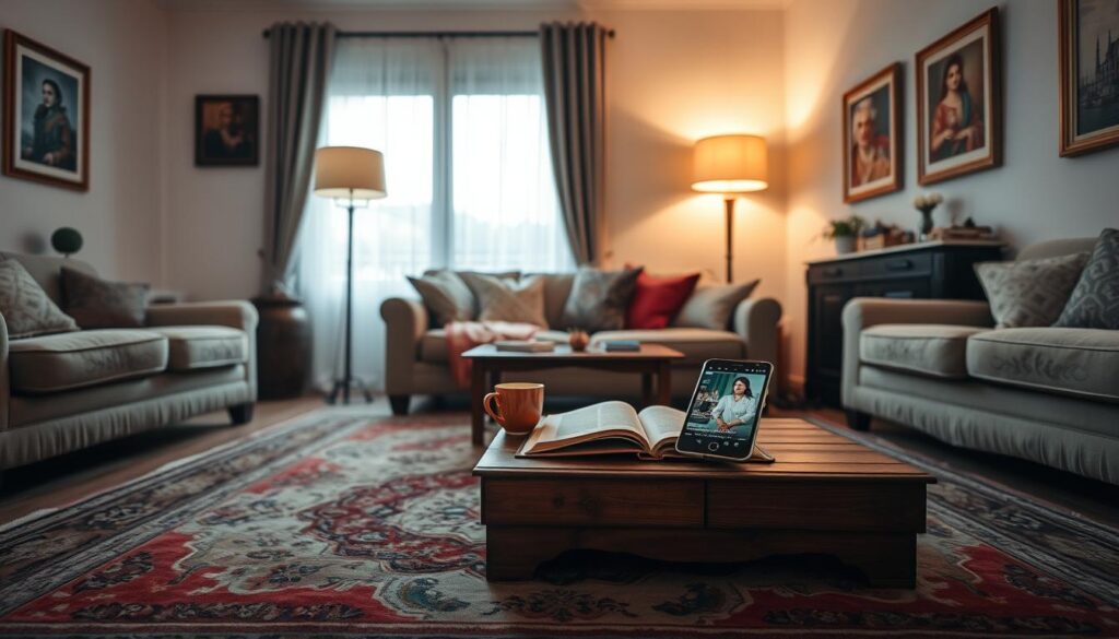 A serene living room setting with cozy furniture and a large, ornate Turkish rug on the floor. On a wooden coffee table, an open book, a mug of hot tea, and a smartphone display showing a Turkish drama. Soft, warm lighting from floor lamps and a large window fills the space, creating a tranquil, inviting atmosphere. On the walls, framed cultural artwork and decorative elements evoke the essence of Turkish culture. The room exudes a sense of comfort and relaxation, perfectly capturing the idea of an immersive experience when watching Turkish soap operas. A serene living room setting with cozy furniture and a large, ornate Turkish rug on the floor. On a wooden coffee table, an open book, a mug of hot tea, and a smartphone display showing a Turkish drama. Soft, warm lighting from floor lamps and a large window fills the space, creating a tranquil, inviting atmosphere. On the walls, framed cultural artwork and decorative elements evoke the essence of Turkish culture. The room exudes a sense of comfort and relaxation, perfectly capturing the idea of an immersive experience when watching Turkish soap operas.