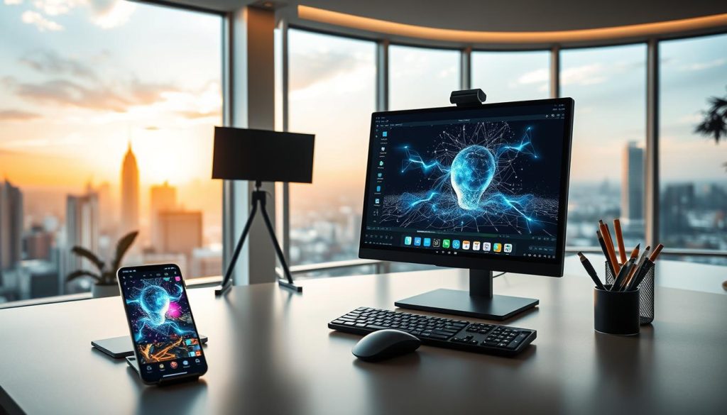 A serene, modern workspace with a sleek, minimalist aesthetic. In the foreground, a PicsArt app interface displays a glowing, generative AI-powered image editing session. The middle ground features a stylish desktop setup with a high-resolution monitor, a well-designed mouse and keyboard, and neatly organized stationery. The background showcases a floor-to-ceiling window overlooking a vibrant, urban skyline bathed in warm, natural lighting. The overall mood is one of creativity, efficiency, and technological innovation.