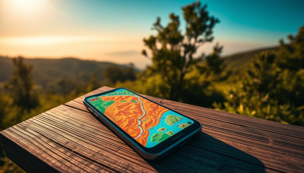A serene, sun-drenched landscape featuring a vibrant offline map display on a modern smartphone device. The map showcases detailed terrain, winding roads, and natural landmarks, rendered in a bold, high-contrast color palette. The smartphone rests on a wooden surface, surrounded by lush greenery and a gentle haze, conveying a sense of peaceful isolation. The scene is bathed in warm, directional lighting, creating subtle shadows and highlights that enhance the tactile quality of the materials. The overall atmosphere evokes a feeling of self-reliance, adventure, and the joy of unplugged exploration.