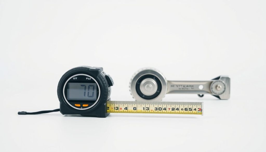 A side-by-side comparison of a digital tape measure and a traditional mechanical one, captured in a clean, well-lit studio setting. The digital tape measure is positioned prominently in the foreground, its sleek, modern design contrasting with the vintage aesthetic of the classic metal tape measure in the middle ground. The background features a plain, white backdrop, allowing the tools to take center stage. The lighting is soft and diffused, creating subtle shadows that accentuate the textures and forms of the two measuring devices. The overall scene conveys a sense of minimalism and simplicity, highlighting the key differences between the technological and traditional approaches to measurement. A side-by-side comparison of a digital tape measure and a traditional mechanical one, captured in a clean, well-lit studio setting. The digital tape measure is positioned prominently in the foreground, its sleek, modern design contrasting with the vintage aesthetic of the classic metal tape measure in the middle ground. The background features a plain, white backdrop, allowing the tools to take center stage. The lighting is soft and diffused, creating subtle shadows that accentuate the textures and forms of the two measuring devices. The overall scene conveys a sense of minimalism and simplicity, highlighting the key differences between the technological and traditional approaches to measurement.