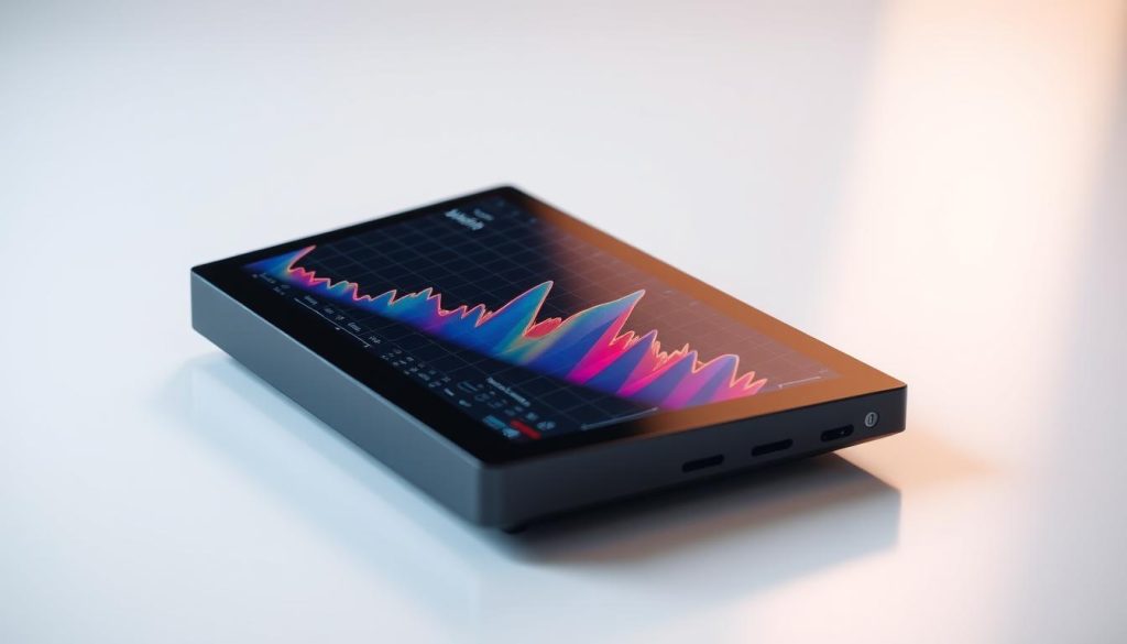 A sleek, modern audio spectrum analyzer displayed on a high-resolution digital screen. The device features a crisp, minimalist design with a black metal casing and a smooth, glass-like display. The display shows a dynamic, multicolored visualization of the audio spectrum, with distinct peaks and valleys representing the various frequency bands. The visualization is rendered with a high level of detail, allowing the viewer to clearly see the intricate patterns and fluctuations of the audio signal. The device is placed on a clean, white surface, with subtle shadows and highlights that give it a sense of depth and dimension. The overall mood is one of technological sophistication and scientific precision, perfectly suited to illustrate the "Spectroid: Audio Spectrum Analyzer" section of the article. A sleek, modern audio spectrum analyzer displayed on a high-resolution digital screen. The device features a crisp, minimalist design with a black metal casing and a smooth, glass-like display. The display shows a dynamic, multicolored visualization of the audio spectrum, with distinct peaks and valleys representing the various frequency bands. The visualization is rendered with a high level of detail, allowing the viewer to clearly see the intricate patterns and fluctuations of the audio signal. The device is placed on a clean, white surface, with subtle shadows and highlights that give it a sense of depth and dimension. The overall mood is one of technological sophistication and scientific precision, perfectly suited to illustrate the "Spectroid: Audio Spectrum Analyzer" section of the article.