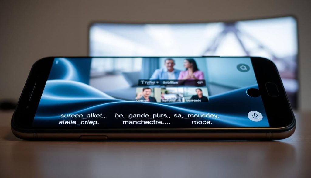 A sleek, modern smartphone display showcasing a variety of features related to subtitles, advertisements, and screen mirroring. In the foreground, crisp, readable subtitles in multiple languages flow across the screen, highlighting the device's robust subtitle capabilities. In the middle ground, subtle yet strategically placed advertisements are seamlessly integrated, demonstrating the app's monetization options. In the background, an intuitive screen mirroring interface allows the device to effortlessly connect to larger displays, expanding the viewing experience. Soft, diffused lighting creates a clean, sophisticated atmosphere, while a high-quality camera lens captures every detail with precision. The overall composition emphasizes the app's comprehensive functionality and user-friendly design.