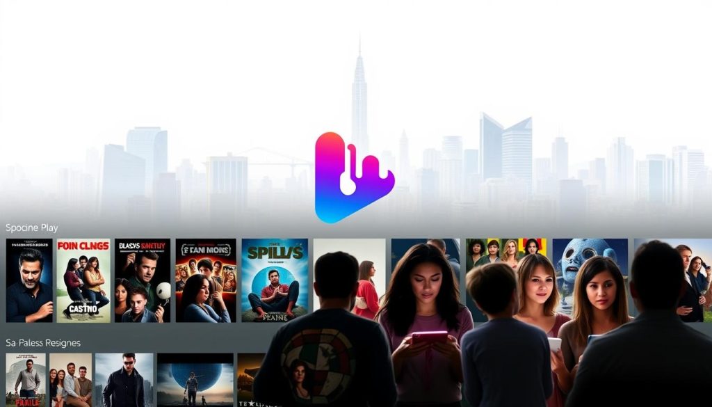 A sleek, modern streaming platform with a bold, minimalist interface. The Spcine Play logo is prominently displayed, its vibrant colors standing out against a clean, white background. In the foreground, a selection of movie posters and thumbnails showcases the diverse content available, ranging from classic Brazilian cinema to the latest international releases. The middle ground features a group of people of various ages and backgrounds, engaged in the platform, their faces illuminated by the glow of their devices. In the background, a cityscape of São Paulo's iconic skyscrapers and landmarks creates a sense of place, hinting at the platform's national scope and connection to the cultural heart of Brazil. The overall mood is one of accessibility, inclusivity, and a celebration of Brazilian cinema and storytelling. A sleek, modern streaming platform with a bold, minimalist interface. The Spcine Play logo is prominently displayed, its vibrant colors standing out against a clean, white background. In the foreground, a selection of movie posters and thumbnails showcases the diverse content available, ranging from classic Brazilian cinema to the latest international releases. The middle ground features a group of people of various ages and backgrounds, engaged in the platform, their faces illuminated by the glow of their devices. In the background, a cityscape of São Paulo's iconic skyscrapers and landmarks creates a sense of place, hinting at the platform's national scope and connection to the cultural heart of Brazil. The overall mood is one of accessibility, inclusivity, and a celebration of Brazilian cinema and storytelling.