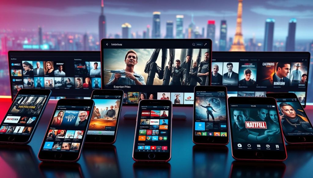 A vibrant digital landscape showcasing a variety of legal streaming alternatives, captured in a crisp, photorealistic style. In the foreground, sleek mobile devices display intuitive streaming app interfaces, each representing a distinct legal service. The middle ground features a diverse array of entertainment content, from classic films to the latest blockbusters, all accessible through these innovative platforms. The background subtly suggests the interconnected nature of the digital world, with subtle neon accents and a futuristic cityscape hinting at the boundless possibilities of legal online entertainment. Soft, warm lighting creates a welcoming atmosphere, inviting the viewer to explore these exciting new options for mobile movie viewing. A vibrant digital landscape showcasing a variety of legal streaming alternatives, captured in a crisp, photorealistic style. In the foreground, sleek mobile devices display intuitive streaming app interfaces, each representing a distinct legal service. The middle ground features a diverse array of entertainment content, from classic films to the latest blockbusters, all accessible through these innovative platforms. The background subtly suggests the interconnected nature of the digital world, with subtle neon accents and a futuristic cityscape hinting at the boundless possibilities of legal online entertainment. Soft, warm lighting creates a welcoming atmosphere, inviting the viewer to explore these exciting new options for mobile movie viewing.