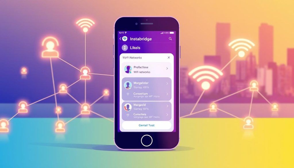 A vibrant, minimalist illustration depicting a social network of WiFi connections. In the foreground, a stylized social media interface features a grid of user avatars connected by glowing, neon-colored lines. The middle ground showcases a sleek, modern smartphone displaying the Instabridge app interface, its intuitive design highlighting available WiFi networks. The background features a subtle, blurred cityscape, hinting at the widespread connectivity. The overall aesthetic conveys a sense of seamless, accessible WiFi sharing, with a cool, futuristic tone achieved through the use of vibrant colors, clean lines, and sophisticated technology. A vibrant, minimalist illustration depicting a social network of WiFi connections. In the foreground, a stylized social media interface features a grid of user avatars connected by glowing, neon-colored lines. The middle ground showcases a sleek, modern smartphone displaying the Instabridge app interface, its intuitive design highlighting available WiFi networks. The background features a subtle, blurred cityscape, hinting at the widespread connectivity. The overall aesthetic conveys a sense of seamless, accessible WiFi sharing, with a cool, futuristic tone achieved through the use of vibrant colors, clean lines, and sophisticated technology.