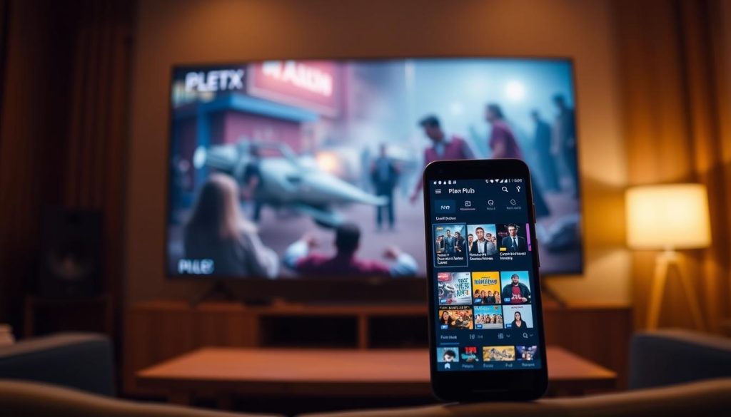 A visually striking scene depicting the Plex app interface, showcasing its expansive library of on-demand movies and live TV streaming options. In the foreground, a mobile device displays the Plex app's sleek and intuitive UI, highlighting the diversity of content available. The middle ground features a cinematic backdrop, with a large movie screen or TV displaying a captivating film scene. The background is softly blurred, creating a sense of depth and focus on the Plex app experience. The lighting is warm and inviting, creating a cozy, theater-like atmosphere. The overall composition conveys the convenience and versatility of the Plex platform for enjoying movies, shows, and live TV on the go. A visually striking scene depicting the Plex app interface, showcasing its expansive library of on-demand movies and live TV streaming options. In the foreground, a mobile device displays the Plex app's sleek and intuitive UI, highlighting the diversity of content available. The middle ground features a cinematic backdrop, with a large movie screen or TV displaying a captivating film scene. The background is softly blurred, creating a sense of depth and focus on the Plex app experience. The lighting is warm and inviting, creating a cozy, theater-like atmosphere. The overall composition conveys the convenience and versatility of the Plex platform for enjoying movies, shows, and live TV on the go.