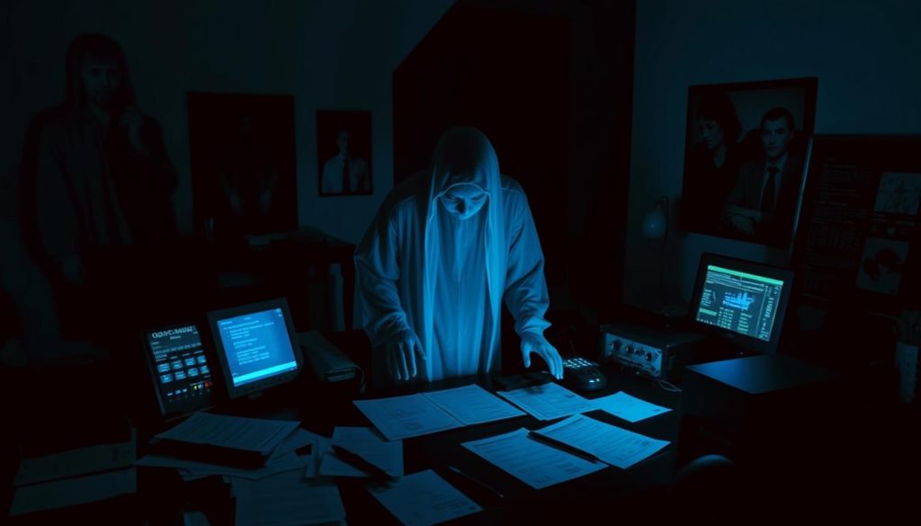 Interpretação de dados paranormais: A ghostly figure hovers over a dimly lit desk, surrounded by scattered papers, digital displays, and paranormal detection equipment. The room is bathed in an eerie blue glow, casting long shadows that give the scene an otherworldly atmosphere. The figure appears to be studying the data intently, their face obscured by a mist-like energy. In the background, the faint outlines of unseen entities can be glimpsed, hinting at the presence of the supernatural. The image conveys a sense of investigation, discovery, and the mysteries of the unknown. Interpretação de dados paranormais: A ghostly figure hovers over a dimly lit desk, surrounded by scattered papers, digital displays, and paranormal detection equipment. The room is bathed in an eerie blue glow, casting long shadows that give the scene an otherworldly atmosphere. The figure appears to be studying the data intently, their face obscured by a mist-like energy. In the background, the faint outlines of unseen entities can be glimpsed, hinting at the presence of the supernatural. The image conveys a sense of investigation, discovery, and the mysteries of the unknown.