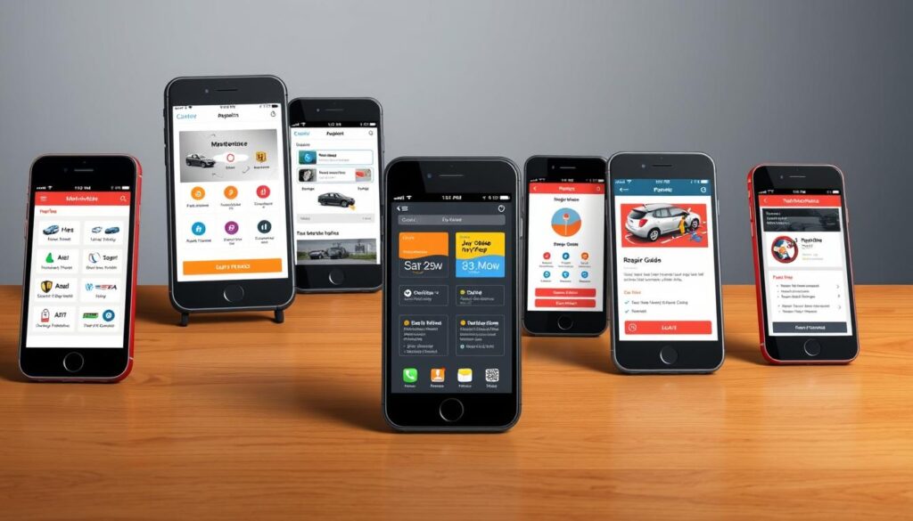 a detailed digital illustration of various vehicle maintenance mobile apps displayed on the screens of multiple smartphones, positioned on a wooden table with a gray background. The apps show features like vehicle diagnostic tools, maintenance schedules, repair guides, and roadside assistance. The lighting is soft and directional, casting subtle shadows. The composition emphasizes the organization and functionality of the apps, conveying a sense of utility and reliability for vehicle owners.