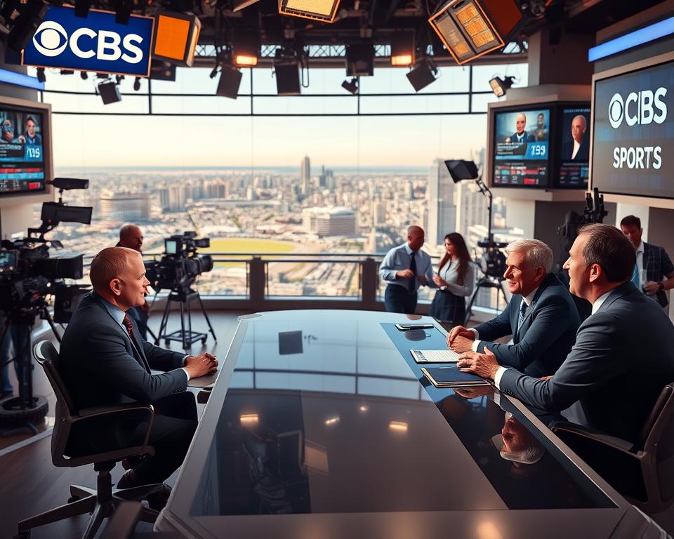 A bustling sports broadcast studio with CBS Sports branding prominently displayed. In the foreground, a team of professional analysts seated at a sleek, modern desk, engaged in a lively discussion, their expressions animated and passionate. The middle ground features state-of-the-art camera equipment, crew members, and a large video wall displaying game highlights and statistics. The background showcases a panoramic view of a vibrant, urban skyline, hinting at the energy and excitement of live sports coverage. Warm, natural lighting bathes the scene, creating a sense of authority and reliability. The overall atmosphere conveys the expertise, professionalism, and trustworthiness of CBS Sports' analytical offerings.
