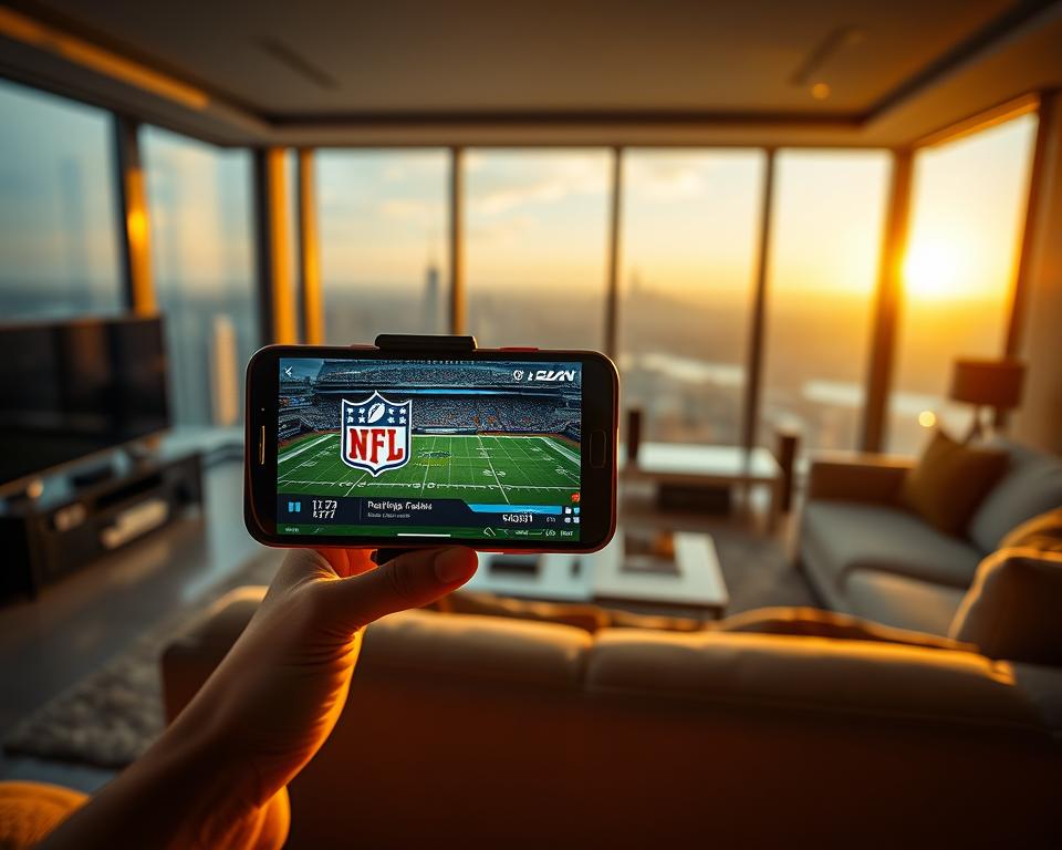 A cinematic sports streaming scene, shot with a wide-angle lens. In the foreground, a sleek, modern smartphone displaying the DAZN app interface, showcasing the NFL logo and live game footage. The middle ground features a comfortable living room setting, with a plush sofa and a high-end home theater system. The background depicts a panoramic view of a city skyline, with the sun casting warm, golden light through the windows. The overall mood is one of premium, immersive sports entertainment, conveying the high-quality streaming experience of DAZN for NFL fans.