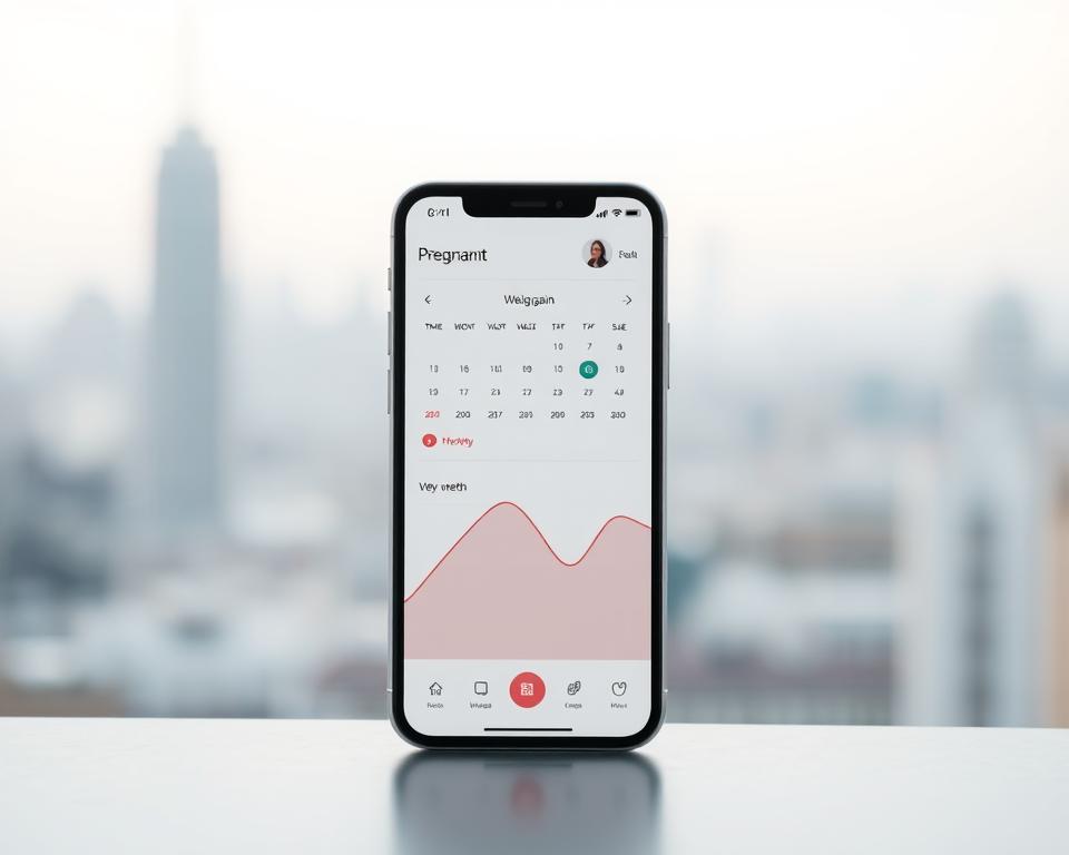 A clean, minimalist mobile app interface with a simple, intuitive dashboard displaying a pregnant woman's weight, weight gain, and other key pregnancy metrics. The app's design features a soothing, neutral color palette with gentle, organic shapes and icons. In the foreground, a large, easy-to-read graph tracks the user's weight over time, with options to view by week or month. The middle ground shows a calendar view of upcoming doctor's appointments and reminders. In the background, a serene, blurred cityscape or nature scene sets a calm, reassuring atmosphere. Soft, diffused lighting creates a warm, inviting ambiance. The overall impression is of a user-friendly, comprehensive tool that provides clear, at-a-glance insights to support the mother-to-be throughout her pregnancy journey.