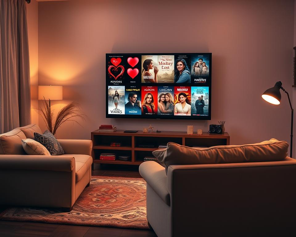 A cozy living room setting, with a comfortable sofa and armchair arranged in front of a large flat-screen TV. The room is bathed in warm, soft lighting, creating a romantic and inviting atmosphere. On the TV screen, a selection of movie posters for popular romantic films is displayed, showcasing a diverse range of genres and styles. The room's decor features subtle hints of hearts, flowers, and other romantic motifs, further enhancing the ambiance. The overall scene conveys a sense of relaxation and the perfect setting for enjoying a romantic movie marathon on a free streaming platform.