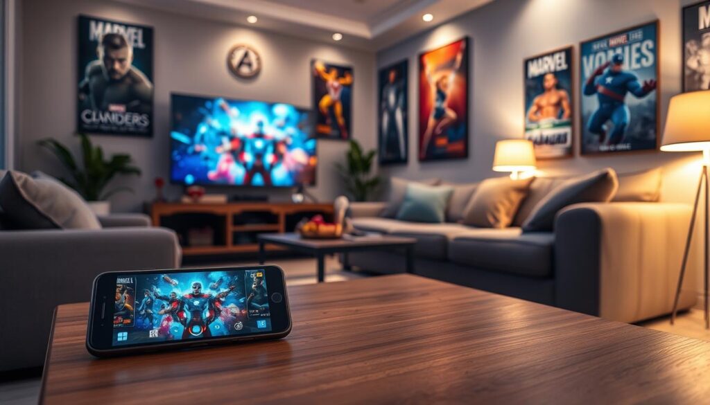 A cozy living room with a comfortable sofa, a large flatscreen TV, and a coffee table adorned with superhero figurines and snacks. The walls are adorned with Marvel movie posters, giving the space a vibrant, cinematic atmosphere. Soft, warm lighting illuminates the room, creating a welcoming and immersive environment. In the foreground, a smartphone rests on the coffee table, its screen displaying a Marvel movie, ready for a captivating superhero marathon. The overall scene evokes a sense of excitement and anticipation, perfect for an engaging Marvel movie marathon on a mobile device. A cozy living room with a comfortable sofa, a large flatscreen TV, and a coffee table adorned with superhero figurines and snacks. The walls are adorned with Marvel movie posters, giving the space a vibrant, cinematic atmosphere. Soft, warm lighting illuminates the room, creating a welcoming and immersive environment. In the foreground, a smartphone rests on the coffee table, its screen displaying a Marvel movie, ready for a captivating superhero marathon. The overall scene evokes a sense of excitement and anticipation, perfect for an engaging Marvel movie marathon on a mobile device.