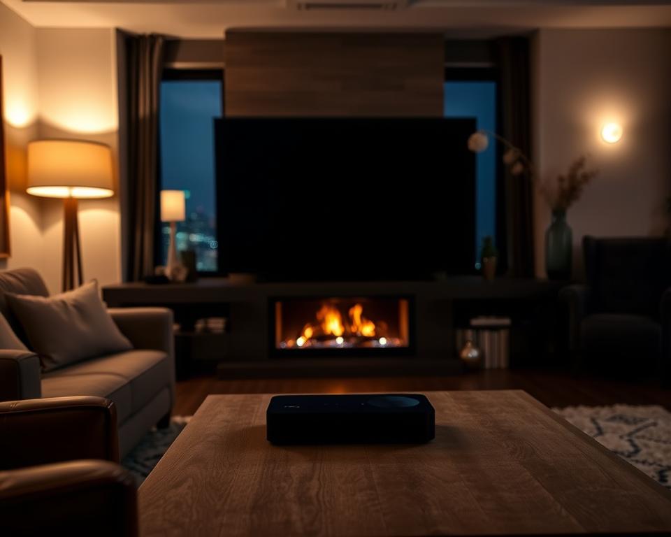 A dimly lit living room, cozy and inviting, with a large, high-definition TV screen dominating the scene. Soft, ambient lighting from floor lamps and a fireplace creates a warm, relaxing atmosphere. On the coffee table, a sleek streaming device stands ready, its elegant design complementing the modern decor. The room is uncluttered, allowing the focus to remain on the entertainment experience. Through the window, a city skyline is visible, hinting at the connection to the wider world beyond. The overall mood is one of comfort, quality, and a sense of anticipation for an immersive streaming session.