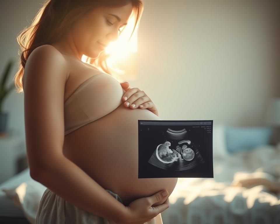 A peaceful and serene scene showcasing the journey of pregnancy. In the foreground, a pregnant woman tenderly cradling her belly, her face radiating a serene glow. Soft, natural lighting illuminates her from behind, casting a warm, ethereal hue. In the middle ground, a detailed ultrasound image of a developing fetus, a window into the hidden life within. The background features a tranquil, minimalist setting, perhaps a cozy home environment, creating a sense of comfort and intimacy. The overall mood is one of reverence, wonder, and deep connection between the mother and the unborn child.