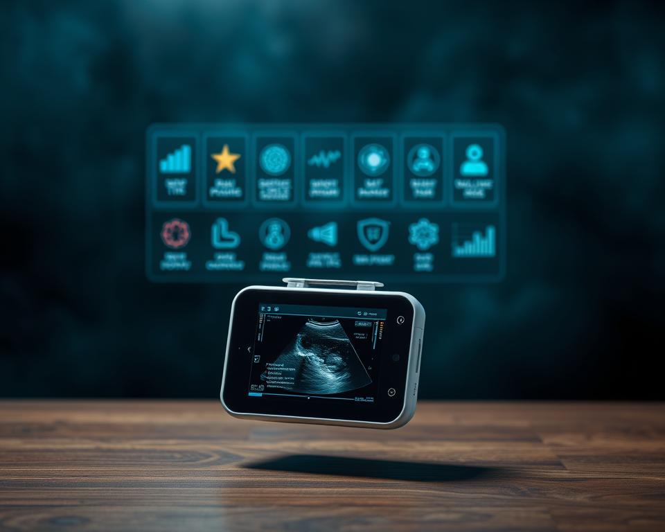 A portable ultrasound device hovers in the foreground, its sleek design and intuitive interface conveying the advantages of this cutting-edge medical technology. In the middle ground, a series of icons and data visualizations illustrate the key benefits, such as real-time imaging, portability, and cost-effectiveness. However, in the background, a more ominous atmosphere emerges, with subtle shadows and textured surfaces suggesting the potential risks and considerations surrounding the use of this device, such as data privacy, medical expertise, and regulatory oversight. The overall composition strikes a balance between the promise of innovation and the need for responsible implementation, inviting the viewer to thoughtfully explore the nuances of this emerging medical tool.