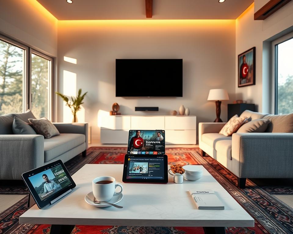 A serene living room with a large, comfortable couch and a large flat-screen TV mounted on the wall. Soft, warm lighting creates a cozy atmosphere, while large windows allow natural light to flood the space. On the coffee table, a cup of tea and a Turkish snack sit next to a tablet displaying a Turkish TV show. The room is decorated with traditional Turkish rugs and artwork, reflecting the cultural theme. The overall scene conveys the relaxing and immersive experience of watching Turkish television shows from the comfort of one's home.