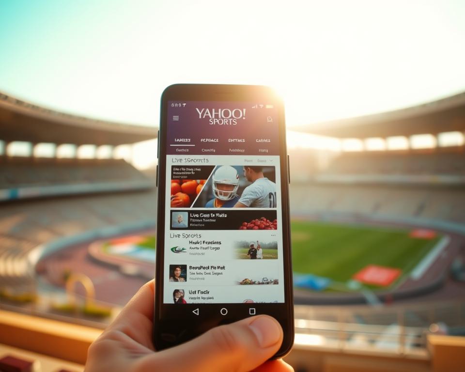 A serene outdoor scene featuring a modern, minimalist user interface for the Yahoo Sports app, with a clean and intuitive layout showcasing live sports coverage. The app interface is prominently displayed, occupying the center of the frame, with a softly blurred background of a sunny cityscape or sports stadium. The overall mood is one of simplicity, accessibility, and the joy of effortless access to live sports content. Warm, natural lighting creates a welcoming atmosphere, and the camera angle suggests a casual, user-centric perspective. The image conveys the idea of a free, efficient, and enjoyable way to stay up-to-date with sports events.