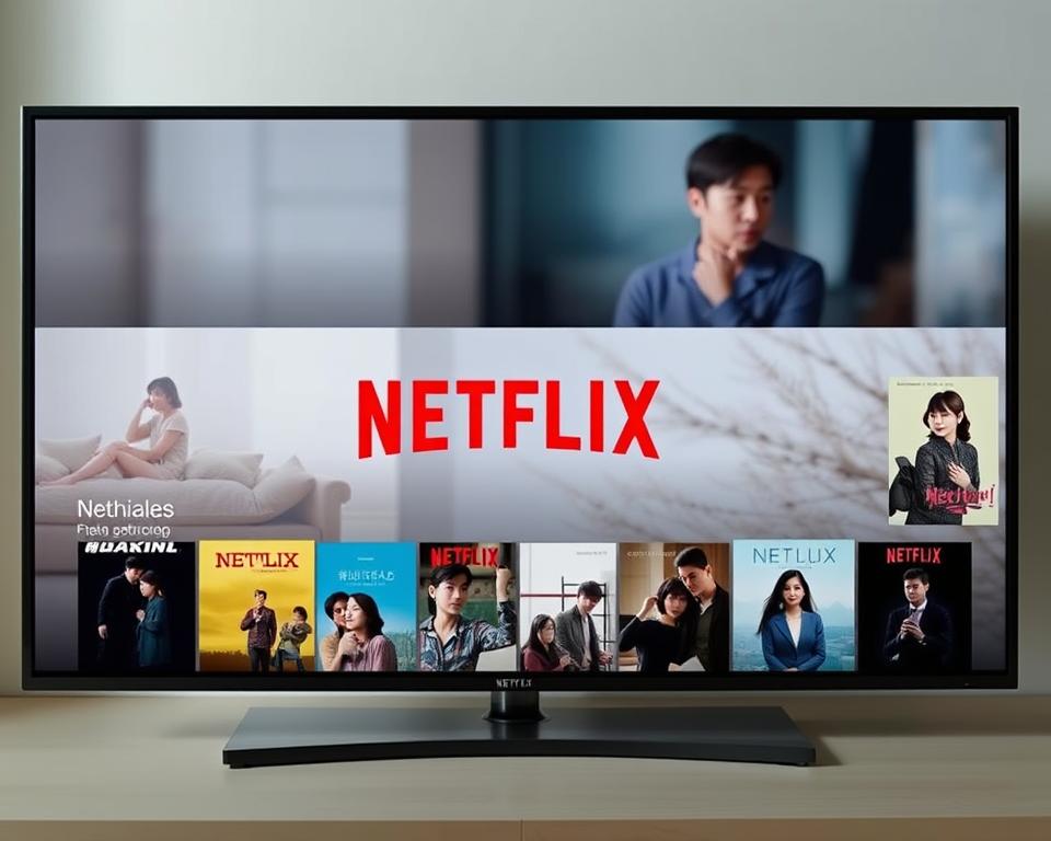 A sleek, modern Netflix interface showcasing a carefully curated selection of Korean dramas (doramas). The foreground features several drama posters arranged in a visually striking grid layout, with each poster displaying a captivating scene or character from the respective show. The middle ground showcases the Netflix logo and branding, conveying the platform's dominance in the streaming landscape. The background is a softly blurred, minimalist design, allowing the content to take center stage. The lighting is natural and balanced, creating a sense of warmth and inviting the viewer to explore the diverse range of Korean entertainment options available on Netflix. The overall composition and style reflect the growing popularity and appeal of Korean dramas within the global streaming audience.