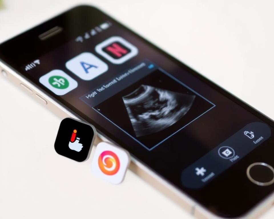 A sleek, modern smartphone display showcasing a selection of top mobile ultrasound apps. The foreground features five app icons, each with a clean, minimalist design and intuitive user interface. The middle ground depicts the smartphone's screen, displaying a clear, high-quality ultrasound image captured by one of the featured apps. The background is a soft, blurred gradient, creating a sense of depth and emphasis on the apps and the ultrasound image. The lighting is soft and natural, highlighting the screen's clarity and the apps' visual appeal. The overall mood is one of technological sophistication and medical professionalism, conveying the utility and reliability of these mobile ultrasound solutions.