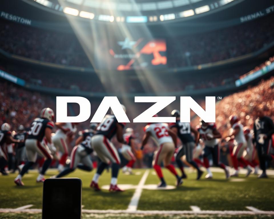 A stunning, high-resolution image of the DAZN app's NFL coverage. In the foreground, the DAZN logo stands prominently, its bold colors and sleek design immediately capturing the viewer's attention. In the middle ground, a dynamic scene unfolds, showcasing NFL players in action, their jerseys and equipment clearly visible. The background features a blurred stadium scene, with the audience's energy and excitement palpable. The lighting is crisp and natural, casting a warm glow over the entire composition. The camera angle is slightly elevated, providing a sense of depth and immersion. The overall mood is one of excitement, professionalism, and the thrill of watching the NFL on the DAZN streaming platform.