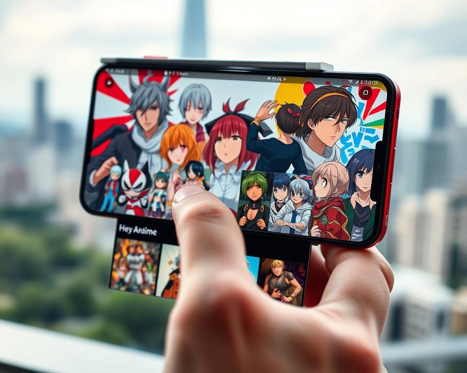 A vibrant and dynamic anime streaming scene on a smartphone screen, showcasing a diverse selection of popular anime series. The foreground features a user's hand interacting with the touchscreen, scrolling through a visually appealing and intuitive anime streaming app interface. The middle ground displays several anime characters from different genres, including action, romance, and comedy, all rendered in a distinct anime art style. The background depicts a blurred city skyline, hinting at the convenience of watching anime on the go. The lighting is soft and natural, creating a comfortable and immersive viewing experience. The overall atmosphere conveys a sense of excitement, exploration, and the joy of discovering new anime stories at one's fingertips.