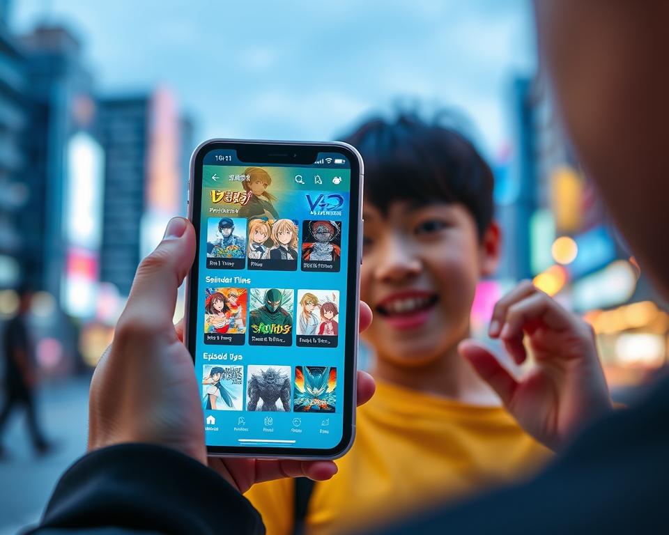 A vibrant, dynamic scene of streaming anime content on a smartphone screen. In the foreground, the smartphone display showcases a variety of anime thumbnails and episode selections, with a sleek, intuitive user interface. The screen is illuminated by a soft, diffused lighting, creating a warm and inviting atmosphere. In the middle ground, the smartphone is held in the hands of a young person, their expression one of captivation and enjoyment as they navigate the app. The background features a blurred, out-of-focus cityscape, hinting at the mobile nature of the experience. The overall composition conveys the convenience and accessibility of streaming anime on-the-go, with a sense of immersion and entertainment.