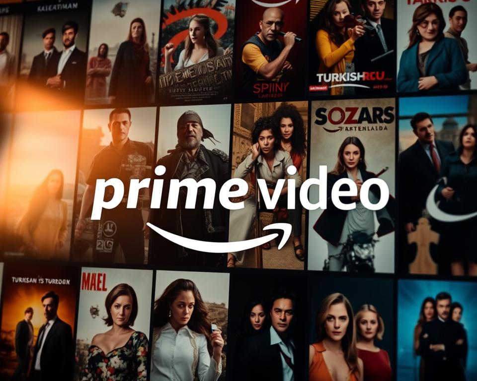 A vibrant, high-quality image of the Amazon Prime Video logo prominently displayed, surrounded by a collage of Turkish TV drama posters and thumbnails. The composition should convey a sense of the rich and diverse selection of Turkish dramas available on the platform. The lighting should be warm and inviting, with a slight cinematic feel. The angle should be slightly elevated to create a sense of dynamism and draw the viewer's attention to the central Amazon Prime Video logo. The overall mood should be one of anticipation and excitement for the world of Turkish television dramas on this popular streaming service.