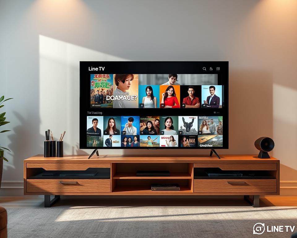 A vibrant, high-resolution image of a sleek, modern television set displaying a selection of captivating Asian drama series on its screen. The TV is positioned on a minimalist, wood-toned entertainment unit, creating a sophisticated and contemporary living room setting. Soft, warm lighting illuminates the scene, casting a cozy, inviting atmosphere. The television's display showcases a variety of alluring drama thumbnails, enticing the viewer to explore the diverse array of Asian television content available through the "Line TV" streaming platform.