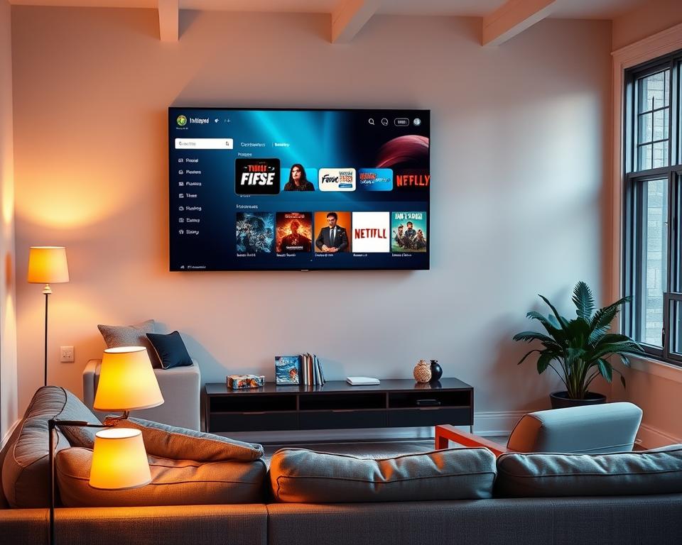 A vibrant, modern living room with a large flat-screen TV mounted on the wall. The TV screen displays a sleek, minimalist user interface showcasing a wide selection of streaming content. In the foreground, a comfortable sofa and armchair invite viewers to relax and enjoy the diverse range of shows and movies available on the free streaming platform. Warm, diffused lighting from floor lamps and a large window creates a cozy, inviting atmosphere. The overall scene conveys a sense of convenience, accessibility, and a wealth of entertainment options at one's fingertips.