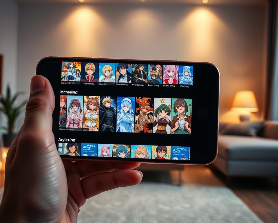 A vibrant scene of streaming anime content on a smartphone screen, set against a backdrop of a minimalist living room. The screen displays a diverse array of anime thumbnails, each bursting with color and dynamic character designs. The phone is held in a natural, relaxed grip, showcasing the user's immersion in the digital entertainment. Soft, warm lighting emanates from the room, creating a cozy, inviting atmosphere. The overall composition conveys the effortless accessibility and enjoyment of watching anime on a mobile device.