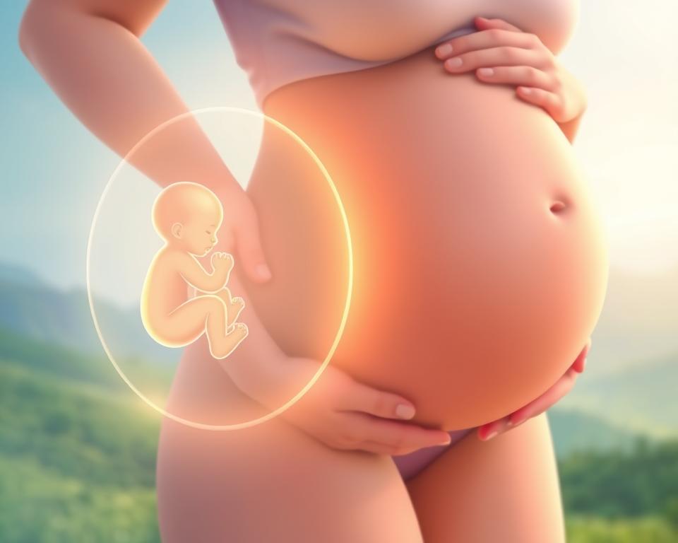 A vibrant, serene illustration showcasing the stages of a healthy pregnancy. In the foreground, a stylized fetus nestled within a glowing, translucent womb, its growth visually charted through transparent outlines. In the middle ground, a pregnant woman's abdomen, her skin subtly illuminated, framed by soothing hues of blue and green. The background features a dreamlike landscape, with rolling hills and a serene sky, creating a calming, nature-inspired atmosphere. The overall composition conveys a sense of tranquility and wonder, perfectly capturing the progress of gestation. Soft, diffused lighting and a delicate, pastel color palette lend an elegant, refined aesthetic.