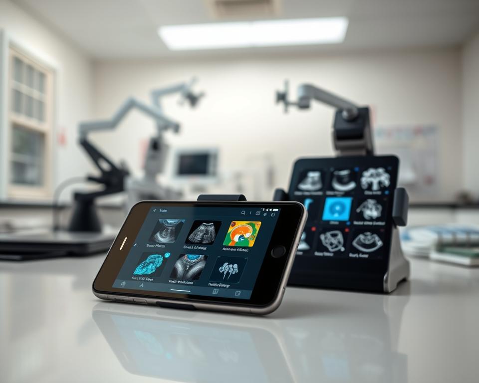 A well-lit workspace with a smartphone and a selection of medical ultrasound apps displayed on a tablet. The foreground features a close-up view of the tablet screen, showcasing the user interface and app options. The middle ground includes the smartphone in a holder, positioned to suggest the use of the ultrasound apps. The background depicts a clean, professional setting, possibly a medical office or a research lab, creating a sense of authority and expertise. The overall atmosphere conveys a thoughtful, analytical approach to selecting the best mobile ultrasound application for one's needs.