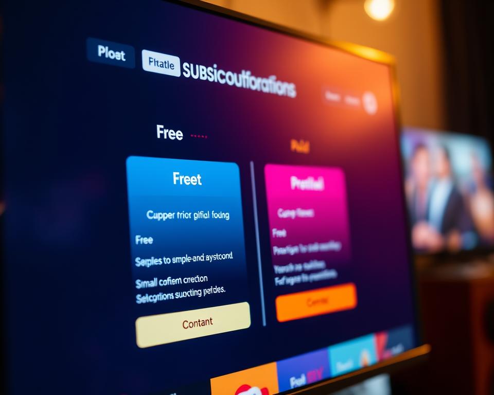 Detailed shot of a modern digital entertainment platform interface, showcasing free and paid subscription options. Sleek, minimalist design with bold typography and clear call-to-action buttons. Bright, warm lighting illuminates the screen, creating a polished, inviting atmosphere. The layout is organized into distinct sections, highlighting the key differences between free and premium tiers. Subtle depth of field blur draws the viewer's attention to the central comparison. Sophisticated color palette with accents of blue, purple, and orange. The overall aesthetic conveys a sense of professionalism and high-quality user experience.