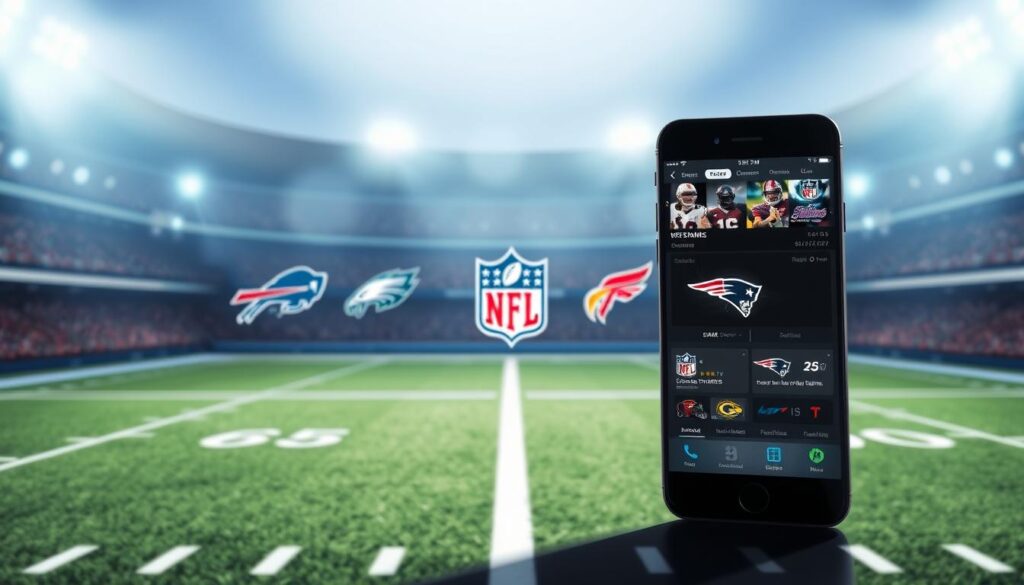 A comprehensive mobile application for NFL enthusiasts, featuring a sleek and intuitive design. The foreground displays a modern smartphone showcasing the app's key features, such as live game streams, real-time scores, and player statistics. The middle ground depicts various NFL team logos and branding, highlighting the app's extensive coverage. The background includes a subtle stadium silhouette and subtle lighting effects, creating a sense of immersion and excitement. The overall mood is one of professional, high-quality, and user-friendly technology tailored for the dedicated NFL fan. A comprehensive mobile application for NFL enthusiasts, featuring a sleek and intuitive design. The foreground displays a modern smartphone showcasing the app's key features, such as live game streams, real-time scores, and player statistics. The middle ground depicts various NFL team logos and branding, highlighting the app's extensive coverage. The background includes a subtle stadium silhouette and subtle lighting effects, creating a sense of immersion and excitement. The overall mood is one of professional, high-quality, and user-friendly technology tailored for the dedicated NFL fan.