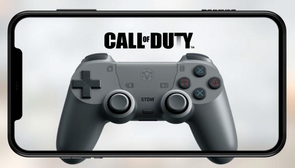 A highly detailed, realistic digital illustration of the controls and commands interface for the mobile version of the popular first-person shooter game Call of Duty. The image depicts the game's virtual control panel, with a thoughtfully arranged layout of virtual buttons, joysticks, and other interactive elements. The controls are displayed against a slightly blurred, neutral background, creating a clean, uncluttered composition that allows the viewer to focus on the essential control scheme. Subtle lighting and shadows enhance the three-dimensional appearance of the on-screen controls, conveying a sense of depth and physicality. The overall tone is professional and instructive, suitable for guiding users through the process of configuring the game's mobile interface.