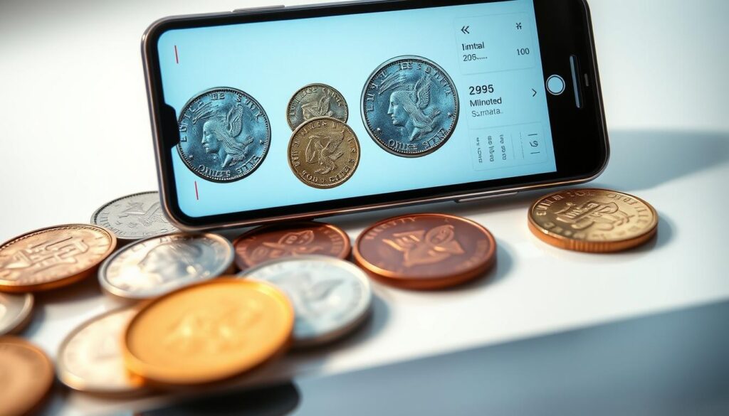 A close-up view of a collection of rare and valuable coins being analyzed by an AI-powered mobile app. The screen of the smartphone displays magnified images of the coins, with overlaying text and graphics highlighting key details like metal composition, mint year, and estimated worth. The coins are arranged neatly on a clean, reflective surface, creating a professional, informative atmosphere. Soft, directional lighting accentuates the textures and intricate designs of the numismatic specimens. The scene conveys the power of AI technology to assist collectors in identifying and appraising their cherished numismatic assets.