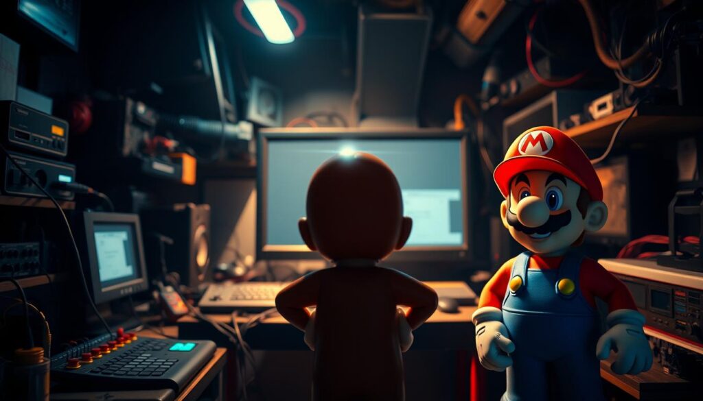 A dimly lit, retro-inspired digital workspace, featuring the iconic Super Mario character in the foreground. The workspace is cluttered with various electronic devices, cables, and technical equipment, hinting at the technical requirements for running the classic game on a mobile device. Soft, warm lighting illuminates the scene, creating a nostalgic atmosphere. The background is slightly blurred, emphasizing the focus on the technical details in the middle ground. The overall composition conveys the idea of merging old-school gaming with modern technology, as if the player is immersed in the process of setting up the retro gaming experience on their mobile device.