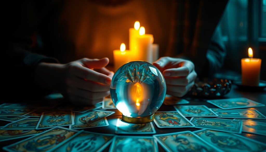 A dimly lit room, with the soft glow of candlelight casting shadows across the table. A spread of tarot cards, the intricate designs and symbols glimmering in the warm light. A crystal ball rests in the center, its surface reflecting the flickering flames. In the foreground, a pair of hands gently shuffle the cards, their movements deliberate and focused. The atmosphere is one of contemplation and mysticism, inviting the viewer to step into a world of divination and self-discovery. The camera captures this scene from a slightly elevated angle, highlighting the meditative nature of the ritual. The image evokes a sense of anticipation and wonder, perfectly capturing the essence of "preparação leitura tarot". A dimly lit room, with the soft glow of candlelight casting shadows across the table. A spread of tarot cards, the intricate designs and symbols glimmering in the warm light. A crystal ball rests in the center, its surface reflecting the flickering flames. In the foreground, a pair of hands gently shuffle the cards, their movements deliberate and focused. The atmosphere is one of contemplation and mysticism, inviting the viewer to step into a world of divination and self-discovery. The camera captures this scene from a slightly elevated angle, highlighting the meditative nature of the ritual. The image evokes a sense of anticipation and wonder, perfectly capturing the essence of "preparação leitura tarot".