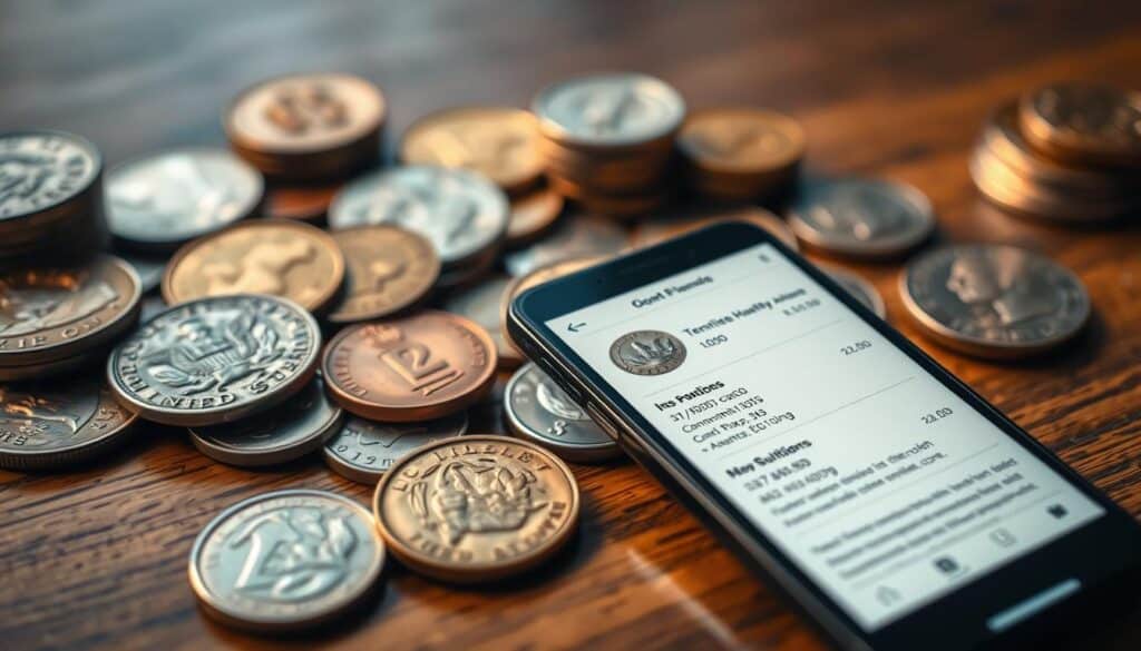 A high-resolution close-up shot of various rare coins, including silver and gold, displayed on a wooden table. The coins are carefully arranged and lit with warm, natural lighting, highlighting their intricate details and lustrous surfaces. In the foreground, a mobile device with a specialized coin identification app is open, displaying information about the coins' origins, mintages, and estimated values. The background is blurred, creating a focus on the coins and the interactive technology used to analyze them. The overall mood is one of discovery and appreciation for these valuable numismatic treasures. A high-resolution close-up shot of various rare coins, including silver and gold, displayed on a wooden table. The coins are carefully arranged and lit with warm, natural lighting, highlighting their intricate details and lustrous surfaces. In the foreground, a mobile device with a specialized coin identification app is open, displaying information about the coins' origins, mintages, and estimated values. The background is blurred, creating a focus on the coins and the interactive technology used to analyze them. The overall mood is one of discovery and appreciation for these valuable numismatic treasures.