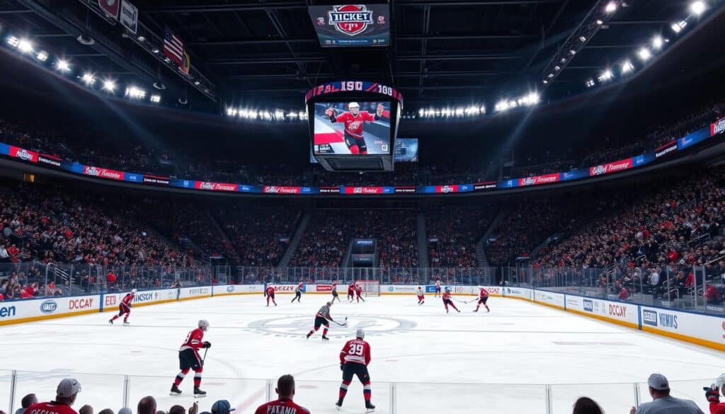 A large hockey arena with an NHL-sized ice rink in the foreground. On the ice, players in various team uniforms are engaged in an intense match, with the puck being passed and shots being taken. The stands are filled with enthusiastic fans, their team colors and jerseys creating a vibrant atmosphere. Bright stadium lighting illuminates the scene, casting dramatic shadows and highlights on the players and ice. In the background, the city skyline is visible, hinting at the grand scale and importance of this professional hockey event. The overall mood is one of energy, excitement, and the thrill of high-level competition. A large hockey arena with an NHL-sized ice rink in the foreground. On the ice, players in various team uniforms are engaged in an intense match, with the puck being passed and shots being taken. The stands are filled with enthusiastic fans, their team colors and jerseys creating a vibrant atmosphere. Bright stadium lighting illuminates the scene, casting dramatic shadows and highlights on the players and ice. In the background, the city skyline is visible, hinting at the grand scale and importance of this professional hockey event. The overall mood is one of energy, excitement, and the thrill of high-level competition.