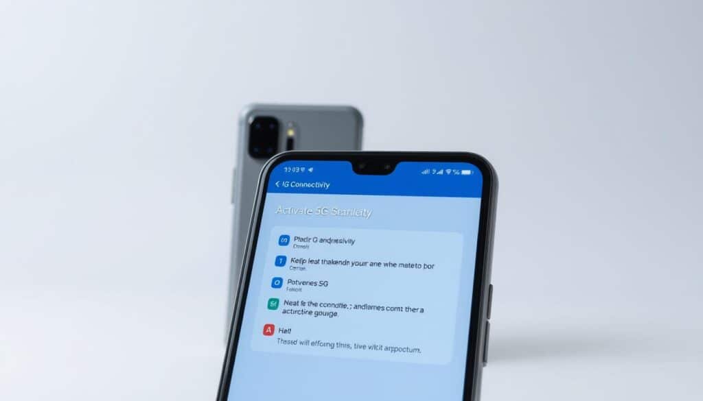 A modern Android smartphone display showing a step-by-step guide for activating 5G connectivity. The screen depicts clear and intuitive instructions, with colorful icons and simple layouts guiding the user through the process. The foreground features the active display, while the middle ground showcases the phone's sleek design and camera module. The background sets a minimalist, technology-focused atmosphere with subtle gradients and refined textures. Soft, directional lighting accentuates the crisp details and creates a sense of depth. The overall composition conveys a seamless, user-friendly experience for optimizing 5G network performance on an Android device. A modern Android smartphone display showing a step-by-step guide for activating 5G connectivity. The screen depicts clear and intuitive instructions, with colorful icons and simple layouts guiding the user through the process. The foreground features the active display, while the middle ground showcases the phone's sleek design and camera module. The background sets a minimalist, technology-focused atmosphere with subtle gradients and refined textures. Soft, directional lighting accentuates the crisp details and creates a sense of depth. The overall composition conveys a seamless, user-friendly experience for optimizing 5G network performance on an Android device.