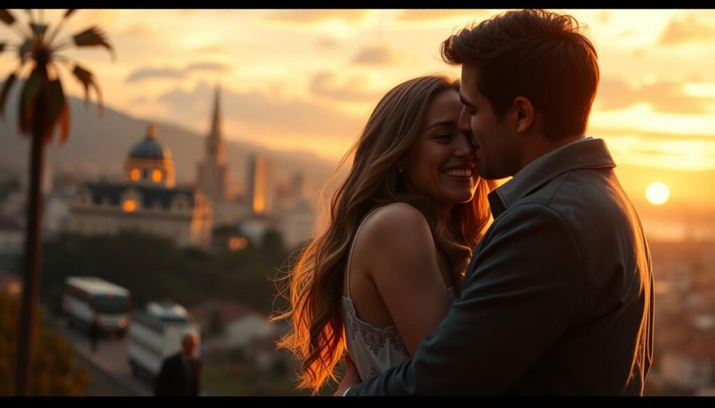 A romantic cinematic journey through timeless love stories. In the foreground, a couple embraces passionately, their faces aglow with the warm, golden light of a classic Hollywood film. In the middle ground, a lush, painted backdrop depicts a picturesque city skyline at sunset, hinting at the sweeping, cinematic scope of the narrative. The background is a soft, dreamlike blur, evoking the nostalgic, wistful atmosphere of a grand, bygone era of cinema. Smooth, cinematic camera angles and a rich, filmic color palette bring this classic romance to life with a sense of timeless, cinematic grandeur. A romantic cinematic journey through timeless love stories. In the foreground, a couple embraces passionately, their faces aglow with the warm, golden light of a classic Hollywood film. In the middle ground, a lush, painted backdrop depicts a picturesque city skyline at sunset, hinting at the sweeping, cinematic scope of the narrative. The background is a soft, dreamlike blur, evoking the nostalgic, wistful atmosphere of a grand, bygone era of cinema. Smooth, cinematic camera angles and a rich, filmic color palette bring this classic romance to life with a sense of timeless, cinematic grandeur.