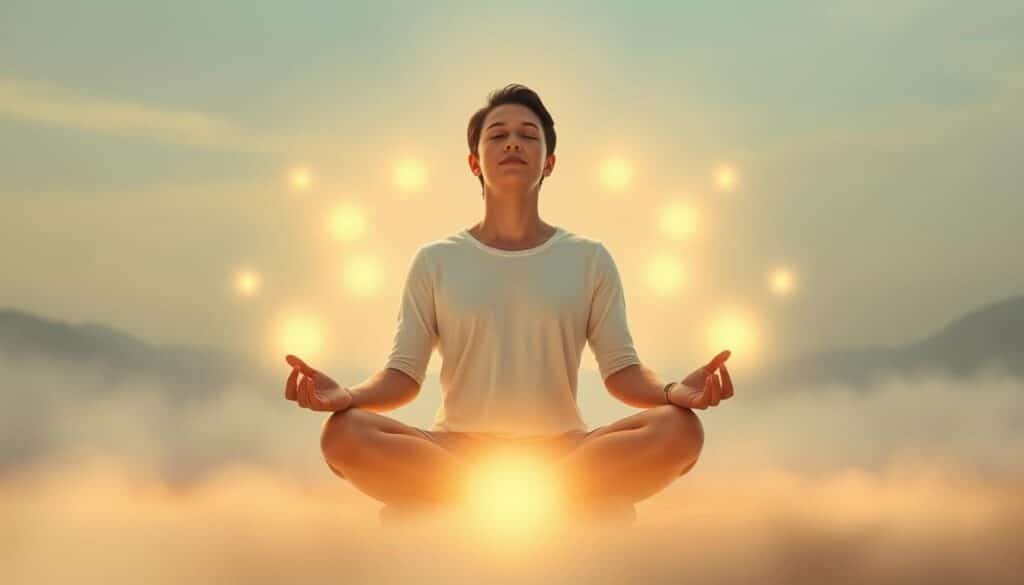 A serene and ethereal scene depicting benevolent spirits gently surrounding a person in a contemplative pose. The spirits manifest as glowing orbs of light, radiating a warm and comforting energy. The person sits cross-legged, eyes closed, hands in a meditative gesture, bathed in a soft, golden light. The background is a tranquil, dreamlike landscape, with wispy clouds and a pastel sky. The lighting is diffuse and atmospheric, creating a sense of harmony and spiritual connection. The composition is balanced and inviting, guiding the viewer's gaze to the central figure and the luminous spirits. The overall mood is one of peace, guidance, and the reassuring presence of benevolent entities. A serene and ethereal scene depicting benevolent spirits gently surrounding a person in a contemplative pose. The spirits manifest as glowing orbs of light, radiating a warm and comforting energy. The person sits cross-legged, eyes closed, hands in a meditative gesture, bathed in a soft, golden light. The background is a tranquil, dreamlike landscape, with wispy clouds and a pastel sky. The lighting is diffuse and atmospheric, creating a sense of harmony and spiritual connection. The composition is balanced and inviting, guiding the viewer's gaze to the central figure and the luminous spirits. The overall mood is one of peace, guidance, and the reassuring presence of benevolent entities.