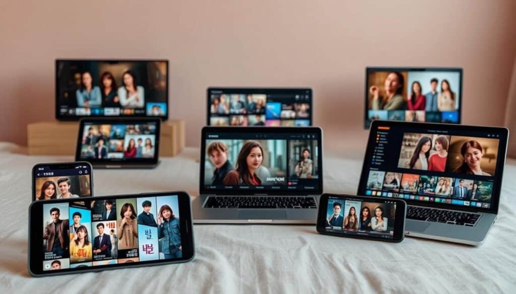 A serene and inviting scene showcasing various free drama streaming platforms. In the foreground, sleek and modern mobile devices display vibrant drama thumbnails, inviting the viewer to explore a diverse selection of popular Korean shows. The middle ground features a tasteful arrangement of laptops and tablets, each highlighting the user-friendly interfaces of the streaming services. In the background, a soft and muted color palette creates a calming atmosphere, complemented by subtle lighting that gently illuminates the scene. The overall composition conveys a sense of accessibility, convenience, and the joy of discovering captivating Korean dramas without cost.