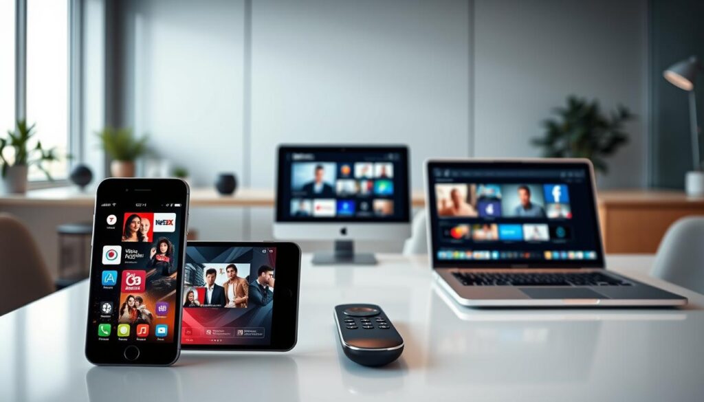 A sleek, modern office scene with various digital devices and screens showcasing a cross-platform multimedia service. In the foreground, a smartphone, tablet, and laptop display different channels and content, highlighting the seamless accessibility across platforms. The middle ground features a desktop computer and remote control, symbolizing the centralized control and management of the service. The background depicts a stylish, minimalist workspace with clean lines, neutral colors, and subtle lighting, creating a professional and technologically advanced atmosphere. The overall composition conveys the versatility, convenience, and integration of the "serviços operadoras multiplataforma" offering.