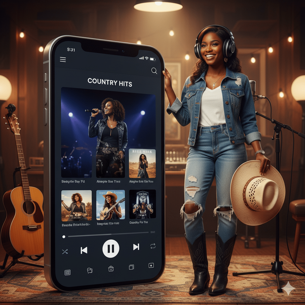 A cozy and rustic country music playlist setting. In the foreground, a wooden table with a record player, vintage speakers, and a pile of vinyl records, all bathed in warm, golden lighting. Behind it, a backdrop of exposed brick walls, adorned with country-themed artwork and string lights, creating a comfortable, homey ambiance. Bookshelves line the walls, filled with country music-themed books and memorabilia. The overall atmosphere evokes a nostalgic, authentic country music experience, perfect for curating the ultimate country playlist.