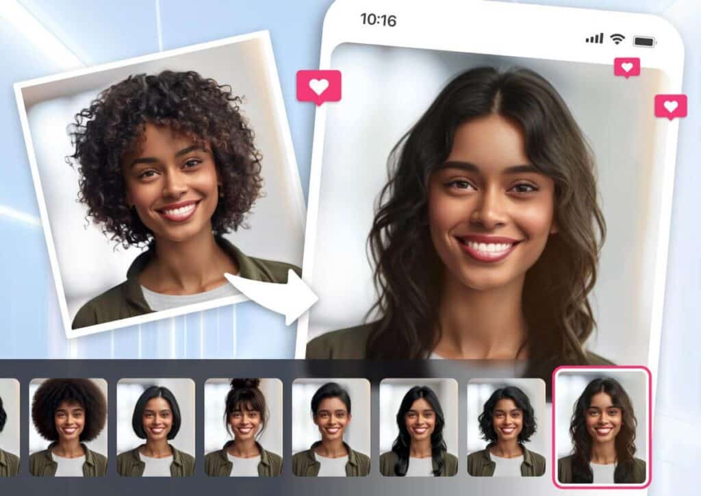 A realistic, visually striking image of a person's hair transforming and changing shape dynamically in a vibrant, futuristic setting. The foreground should feature a detailed, high-definition portrait of a model's head and hair, with fluid, lifelike motion and movement. The middle ground should showcase the hair transforming through various stylized shapes, colors, and styles, seamlessly blending and morphing. The background should depict a sleek, minimalist environment with a clean, technological aesthetic, incorporating elements like glowing panels, floating interfaces, and abstract digital patterns. Lighting should be soft and directional, casting dramatic shadows and highlights to enhance the sense of depth and dimensionality. The overall mood should be one of innovation, possibility, and a glimpse into the future of personalized hair styling powered by advanced AI technology.